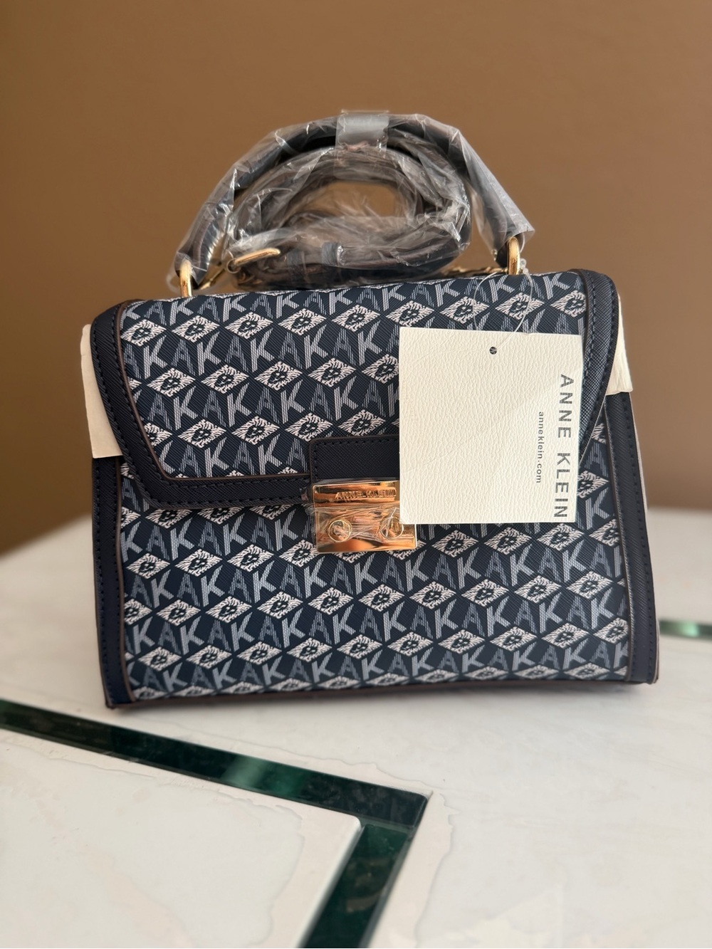 Anne Klein Navy Logo Jacquard Top-Handle Bag